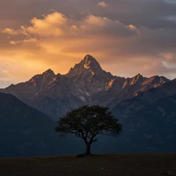 award winning landscape photography by takeshi mizukoshi, lone tree in foreground with jagged mountains in background, sunset, dramatic lighting, clouds, atmospheric