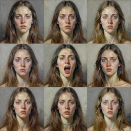 A painting of a chaotic pattern of realistic divine women portraits, each with a different facial expression of madness and hysteria by christian weiss, ruan jia, pollock, marjorie cameron, 35mm, f2.8, nikon, expressive brush strokes, breathtaking render, unreal engine, william Godward, cyberpunk, blessed by eris, chaos, punk, terror, insane composition, water color splash, coffee stain, burnt paper, the cake is a lie, the clouds are watching, cerberus bites the hand of the curious, remix all