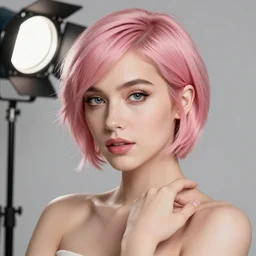 A pretty lady with short pink hair. By Alex Turnheart, Zee Day, and Sarah Finegold. Studio photography. 3-Point Lighting. Retouched. 4K HD Wallpaper. Premium Prints Available.