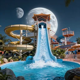 moon colony waterpark with water slides, digital art, epic composition, highly detailed, cinematic lighting