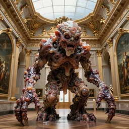 Extreme Caravagistti. The absolute worst, most grotesque and awful monster made of gelatinous fleshy blobs. The monster is in an ornately gilded rococo art museum gallery designed by frank lloyd wright and donatello. A magnificent sky is at the top