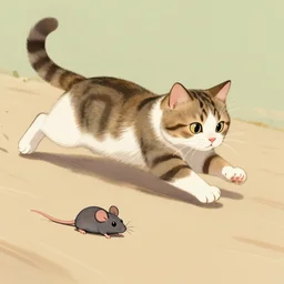 a cat, chasing & a mouse 🐭