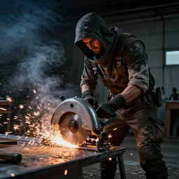 Scavenger sawing metal in a dark garage with sparks flying everywhere, Wielder, Mechanic, Post-Apocalyptic cosplay, dark room, smoke Circular saw, met-n