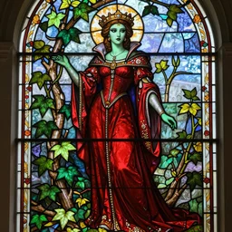 a stunningly detailed stained glass window of a beautiful poison ivy with green skin wearing a long floor length red dress as a medieval queen, dark eyeliner, intricate, elegant, highly detailed, digital painting, artstation, concept art, sharp focus, illustration, art by greg rutkowski and alphonse mucha