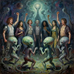 a painting of a group of people standing around cheering on fighting, tentacled alien babies, a surrealist painting by clark voorhees, cg society, pop surrealism, lovecraftian, cosmic horror, surrealist, poster art