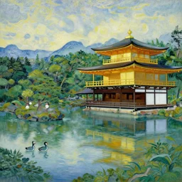 japanese landscape, temple, mountains in distance, lake with japanese creatures in front, that looks like a van gogh painting