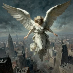 detailed, sharp, an angel floating above a city at the end of the world by Zdzislaw Beksinski, One point perspective, dutch angle digital art, illustration, trending on artstation, HD, 8K, highly detailed, good lighting, beautiful, epic, masterpiece, horror, surreal