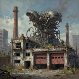 a beautiful detailed painting of fire station urbex nature abandoned building unfinished building industrial architecture city by peter doig, bladerunner 2 0 4 9 extraterrestial steampunk poppy bioshock magic realism evil, archdaily, wallpaper, highly detailed, trending on artstation.