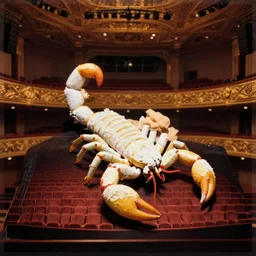 a cigarette shaped like a scorpion in a concert hall, 3 5 mm photograph