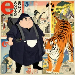 a delorean and a tiger, colourful magazine collage, art by hsiao - ron cheng and utagawa kunisada, # e 5 3 7 1 b, # e 4 e 6 2 0, # de 9 5 f 0,