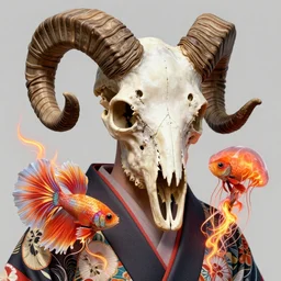 3 d octane render, japanese kimono art close - up swirly human skull!!! skeleton ram skull portrait!!! giant gladiola betta fish!! jellyfish phoenix fire energy flow, highly detailed. by wlop, tooth wu, greg rutkowski, alena aenami, beeple