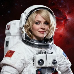 highly detailed portrait of a hopeful pretty astronaut lady with a wavy blonde hair, by james gilleard, by kaethe butcher, by greg rutkowski, by konstantin yuon, 4 k resolution, nier : automata inspired, bravely default inspired, vibrant but dreary but upflifting red, black and white color scheme!!! ( ( space nebula background ) )