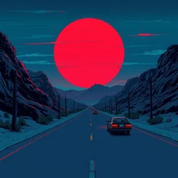 a desert highway, midnight, synthwave colors, cyberpunk, an illustration by mark mignola