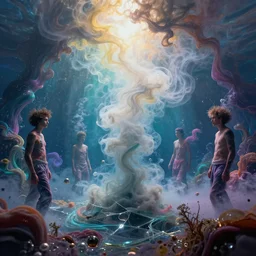 a psychedelic realm, delirium, chaotic storm of liquid smoke, by petros afshar, ross tran, tom whalen, peter mohrbacher, artgerm, shattered glass, bubbly underwater scenery, radiant light