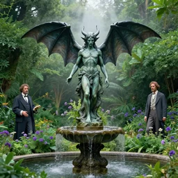 a statue of luciferian demon atop a fountain in a lush dense verdant garden by norman rockwell and ferdinand knab and gil elvgren and john atkinson grimshaw, bat wings, lovecraft, mist, hyperrealism, volumetric lighting, god rays, ultrafine details, sfumato, purple flowers, overgrown
