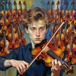portrait of a young violinist focusing with a background of hundreds of violins by vincent lefevre and hernan bas and pat steir and hilma af klint, psychological, symmetrical face, dripping paint, rendered in octane, altermodern, masterpiece