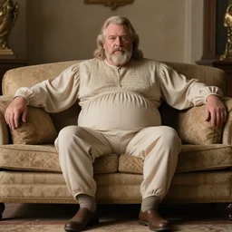 full body photo of older king robert the handsome. he is sitting gracefully on a sofa, he is wear elegant elastic. fitted for his enormous awesome belly. oh he is a human by the way, wear's beige shirt, has big bouncy belly