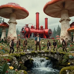 adventurer, 1 9 5 0 s retro future steam turbine and mill in forrest of giant mushrooms, moss and flowers stone bridge waterfall. muted colors, jean baptiste monge, charles vess, anato finnstark, cinematic lighting, kay nielsen, jean giraud, leyendecker, chrome red