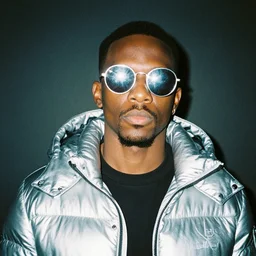 photo, black man, silver metallic moncler jacket, silver reflective circular sunglasses, expired film