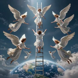 intricate concept image of jacob dreaming angels going up and down in a ladder from heaven to earth, hyper realistic, ultra detail, octane render, cinematic lighting, volumetric lighting, 8 k, trending i. artstation