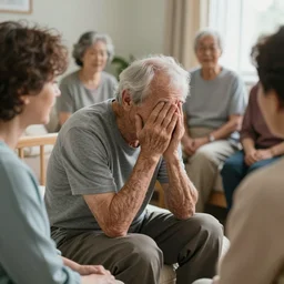 man suffering from dementia in a nursing home, struggling to remember his loved ones