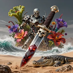 by artgerm and agostino arrivabene, visually stunning, cinematic, ultra realistic, hyper realism, 1 2 k, epic, octane render, unreal engine, vfx, maya, desert waves, skull ring, bloodstone dagger, alligator skin, zombie apocalypse, psychedelic flowers, organic, oni compound artwork, sparkling hornwort, broken android kannon mindar