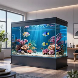 realistic 3 d designed big modern room as aquarium with a beautiful fishes and corals, realistic colors, realistic shadows, daylight made by blender and cinema 4 d, hd, 3 d