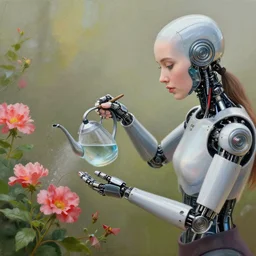 a woman cyborg watering flowers, airbrush painting, 8 k, detailed