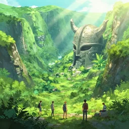 looking down into a verdant valley with a gigantic stone sculpture of a viking helmet in it, landscape, tone mapping, akihiko yoshida, james jean, andrei riabovitchev, marc simonetti, yoshitaka amano, digital illustration, greg rutowski, volumetric lighting, sunbeams, particles