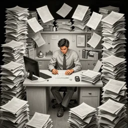 salary man working at his desk, piles and more piles papers all over the place. intricate, elegant, highly detailed, digital painting, artstation, concept art, sharp focus, illustration, by justin gerard and artgerm, 8 k