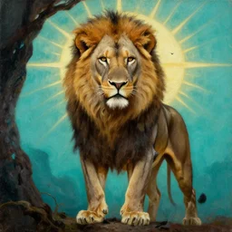 close up of muscular lion barbarian hunter full body in sad portrait pose, sun rays , small bird sihouettes  in cyan background , very textured detailed  oil painting by rembrandt , hard backlight , in dark cave