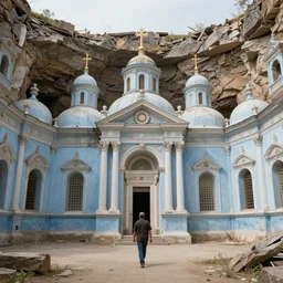 pov one man walking in a giant ancient neoclassical building, light blue troglodyte temples in a deep pit, by andrei rublev, high quality, high detail, ornemental, restored
