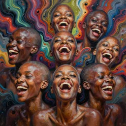 fantastic extraordinary beautiful afro - american women with bald head laughing into fluid infinity variations of colours mass, close - up, piotr jablonski, jeff dekal, jeff simpson, intricate details, hyperrealistic oil painting on canvas, deep depth field, hd, hdr, 4 k, 8 k