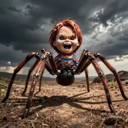 a giant spider combined with a screaming chucky doll head
