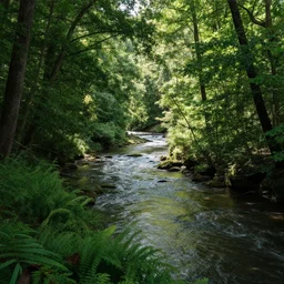 a winding river through a dense forest, sunlight filtering through the leaves, trending on artstation