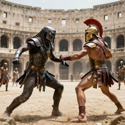 the predator fighting a spartan warrior in a roman coliseum, 8 k award winning photo, amazing