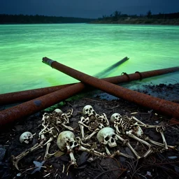 corpses and bones buried in oil and crossed by rusty pipes in a glowing iridiscent lake of the end of the world, leica, 2 4 mm