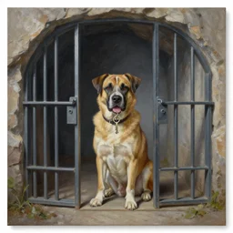 ultra wide full length painting of a dog sitting holding a key, cave prison, highly detailed, high resolution, oil in canvas