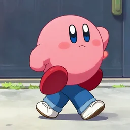 kirby from nintendo walking on the sidewalk dressed in casual clothes, portra 800