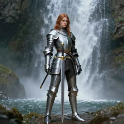 A woman with a sword stands under a waterfall, the middle ages, knight\'s armor, digital art, beautiful