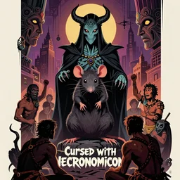 cursed with necronomicon horrorcore cel animation poster depicting godlike rat being worshipped by heathens, intricate faces, metropolis, 1 9 5 0 s movie poster, post - processing, vector art
