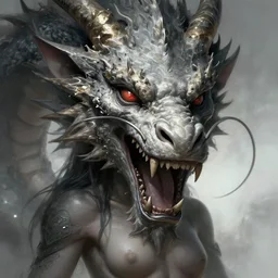 sensual warrior into a giant dragon head with opened mouth, fantasy, highly detailed face, artwork, digital art
