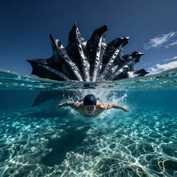 swimming in the perfect lagoon, crystal clear water reflecting deep blue sky, natural, powerful, artistic, inherent, expressive art