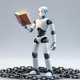 humanoid robot holding a glowing book in one raised hand, and standing on a pile of chains