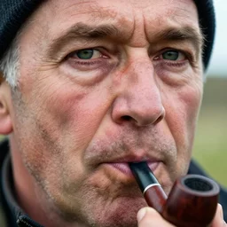 close - up image of an old cornish fisherman with green eyes, smoking a pipe. high detail. headshot photography