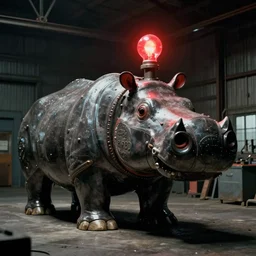 large machine made out of hippo with a red factory light bulb on it, in a dark warehouse, cinestill 8 0 0 t, movie still, film grain