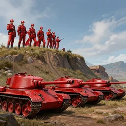 red army on a hill lined with allied red tanks, dnd, fantasy, hyperdetailed, artstation, cgsociety, 8 k