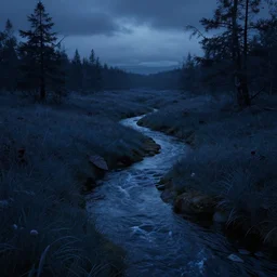 a high-quality photo A mysterious brook winds through an ominous midnight-blue meadow landscape, overcast evening skies, cinematic, 3D rendered by Substance Designer, in the style of Ernst Haeckel, Alena Aenami, Anna Dittmann, Andreas Rocha, Asher Brown Durand, Atey Ghailan, Brian Froud