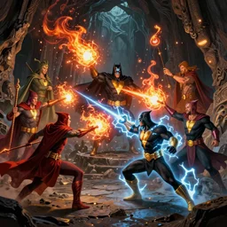 Six wizards shooting magic fireballs and energy beams from staffs on comic character Black Adam, who fighting back with his bolts of electricity, dark ancient cave full of glowing sparks floating randomly around and lighting, fluid particles rising from ground, great digital art with details, by Lee Madgwick and Martin Johnson Heade