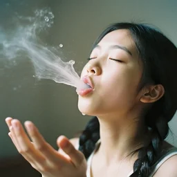 analog photographic portrait with 5 0 mm lens and f / 1 2. 0 of a 7 years old woman woman with her eyes closed and spurting from her mouth a white viscous fluid floating in the air. with a slight variation of light in the liquid and gesture.